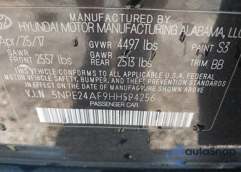 2017 Hyundai Sonata Se from USA, damaged, VIN 5NPE24AF9HH594256